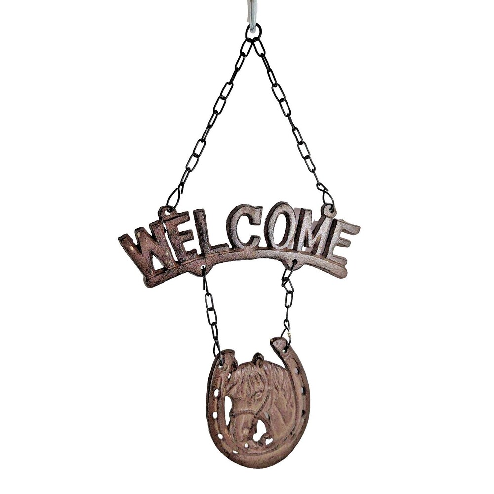 Welcome Sign Horse in Horseshoe Cast Iron Hanging Country Brown Chain 14-in NEW